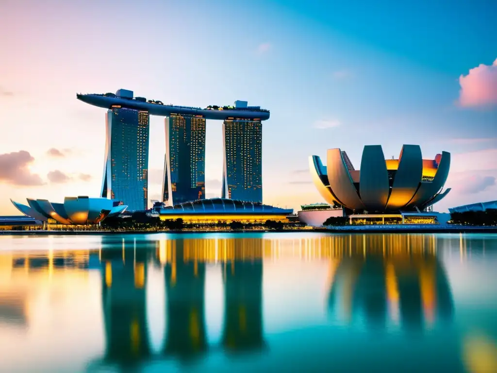 Vista panorámica del icónico hotel Marina Bay Sands en Singapur, con arquitectura moderna asiática color, bañado por la cálido atardecer