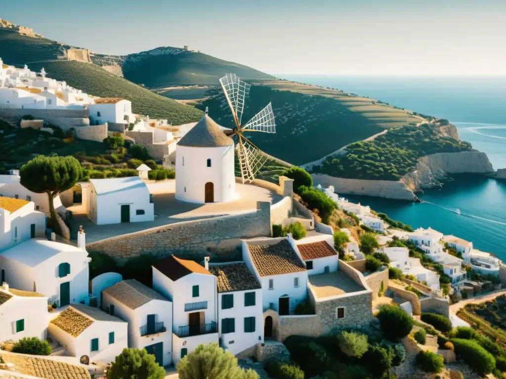 Vista de un pueblo mediterráneo con molino de viento, simbolizando la arquitectura a través de las épocas