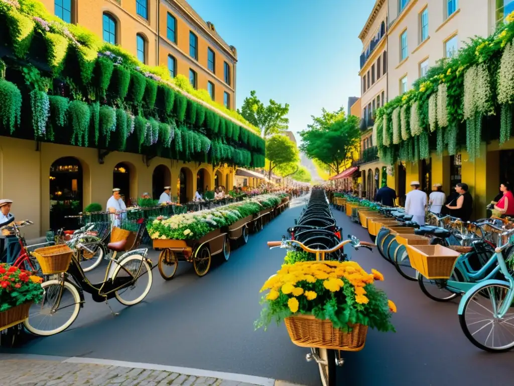 Vista urbana de una calle con bicicletas vintage y coloridos canastos de flores