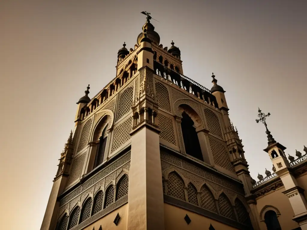 Vista vintage de La Giralda de Sevilla desde ángulo único, mostrando transformaciones históricas con detalles arquitectónicos en tonos cálidos y sepia