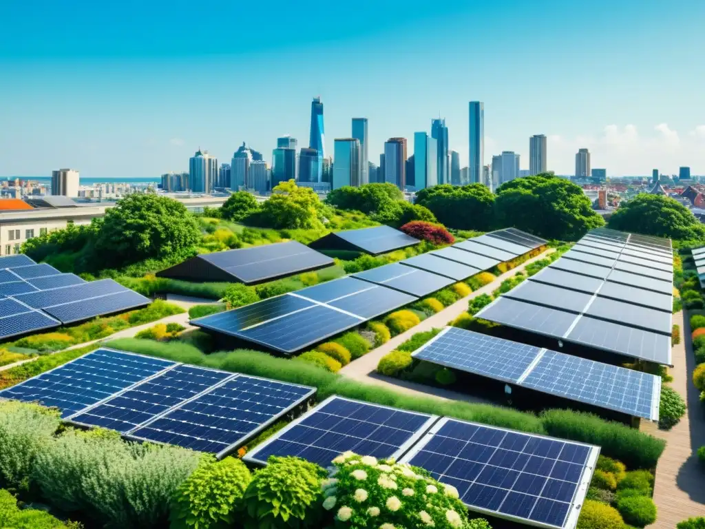 Vista vintage de la arquitectura sostenible para ciudades frescas con techos verdes y cielo azul