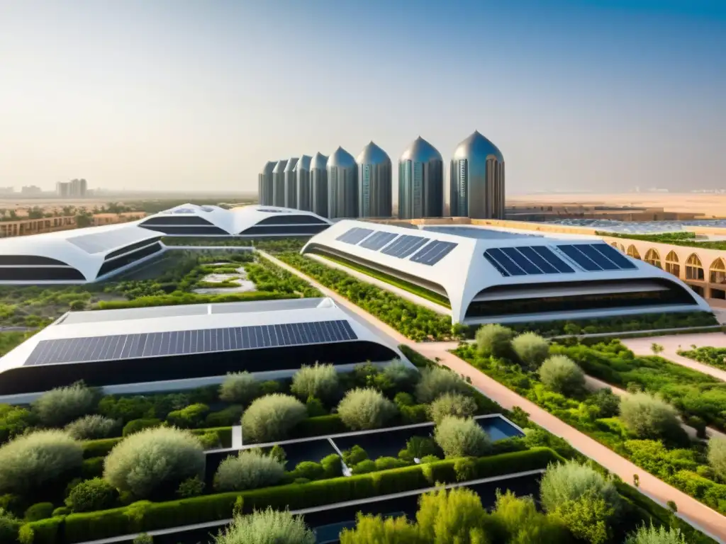 Vista vintage en blanco y negro de Masdar City, con su arquitectura sostenible en la ciudad y elementos ecoamigables como paneles solares y techos verdes