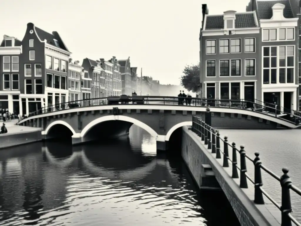 Construcción de puente histórico en Ámsterdam Una vista vintage en blanco y negro de la construcción de un icónico puente de Ámsterdam