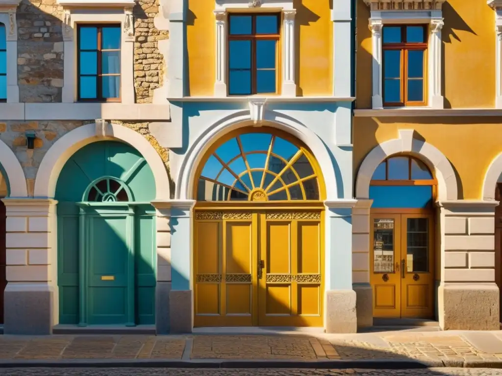 Vista vintage de una ciudad histórica con detalles arquitectónicos y luz cálida al atardecer