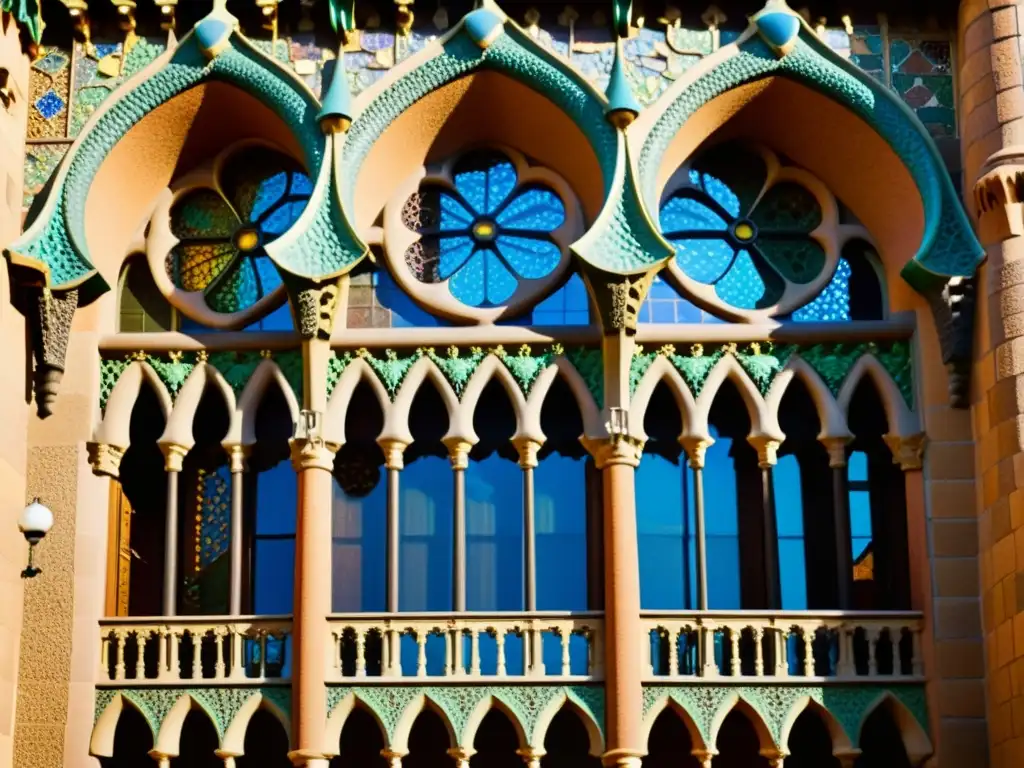 Vista vintage del exterior del Palau Güell, con sus detalles arquitectónicos únicos y coloridos mosaicos