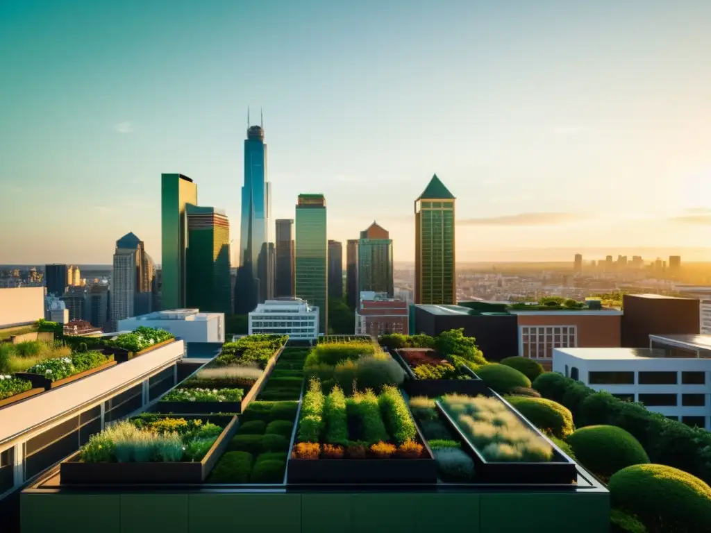 Una vista vintage de un horizonte urbano futurista con edificios adornados con exuberante vegetación, mostrando innovaciones en techos verdes urbanos