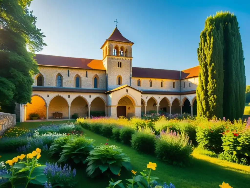 Vista vintage de un monasterio medieval, resaltando su arquitectura histórica y entorno sereno con vegetación exuberante y flores silvestres