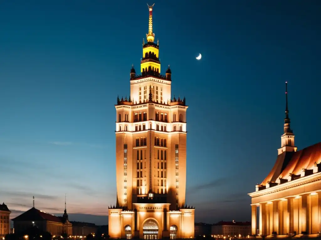 Palacio de Cultura y Ciencia de Varsovia al anochecer Vista vintage del Palacio de Cultura y Ciencia en Varsovia, Polonia, deslumbrante arquitectura comunista Europa del Este al anochecer