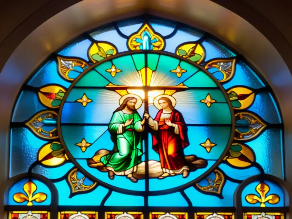 Vitral gótico con figuras religiosas y patrones detallados, bañado en luz solar