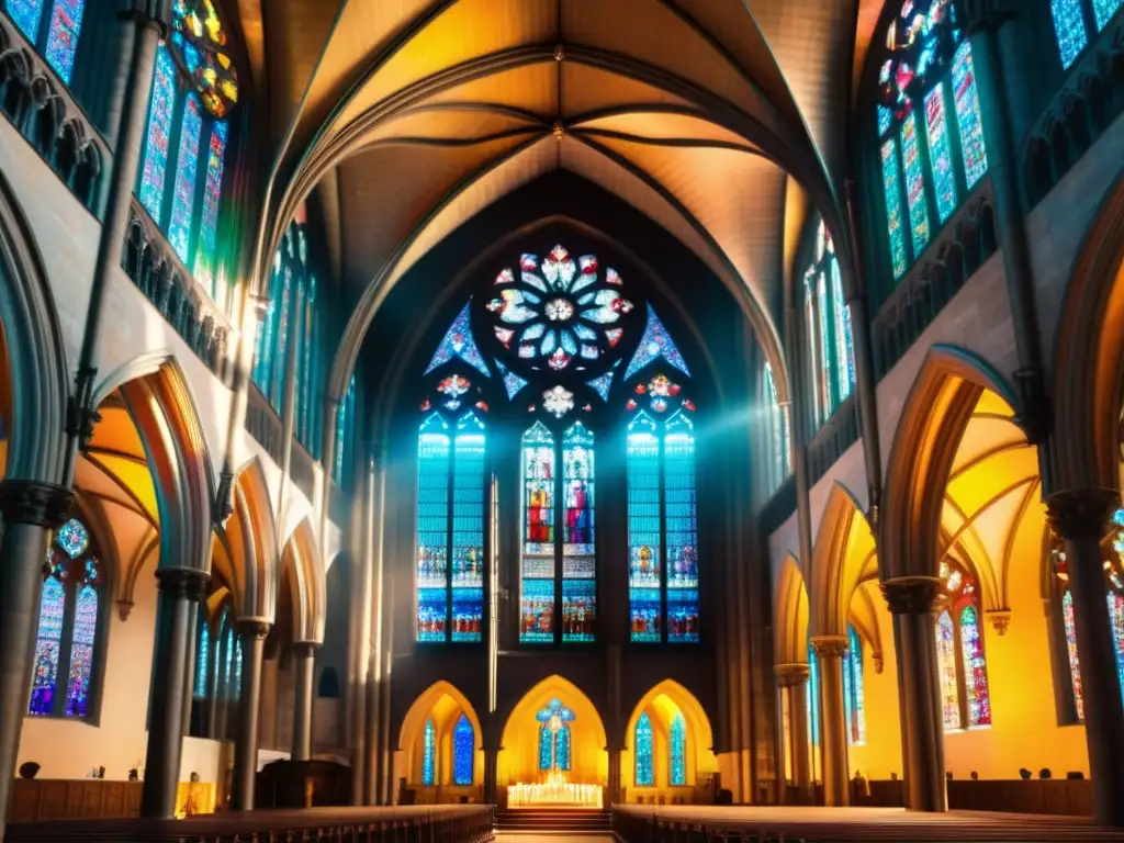 Vitral gótico en majestuosa catedral: luz multicolor y arquitectura divina