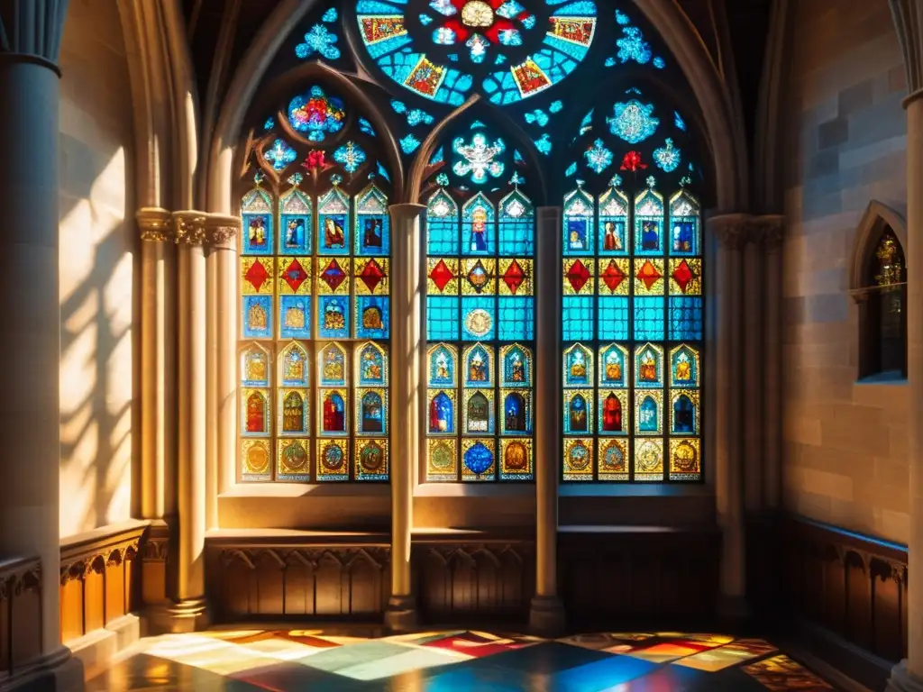 Vitrales góticos con simbolismo religioso en catedral