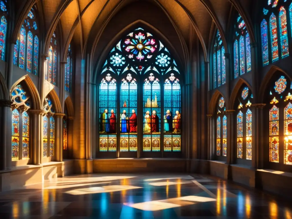 Vívida simbología religiosa en ventanales góticos de catedral: luz solar crea un mosaico de colores en el suelo de piedra