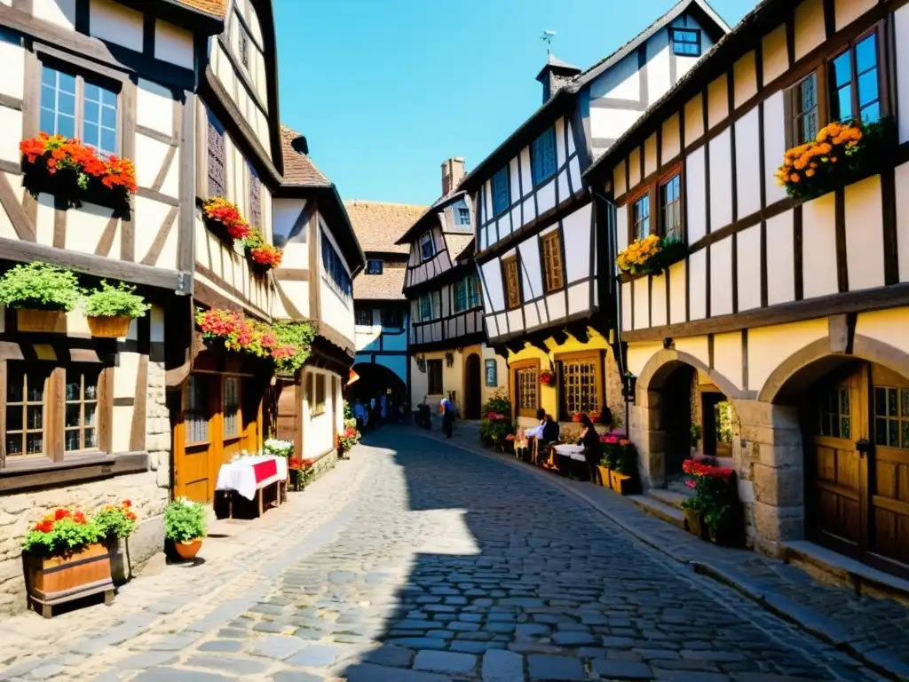 Vivienda urbana medieval: calles estrechas, casas de madera con flores y gente en vestimenta de época