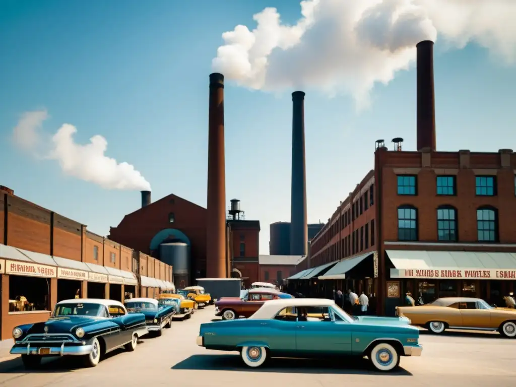 Una zona industrial bulliciosa con edificios antiguos y letreros vintage